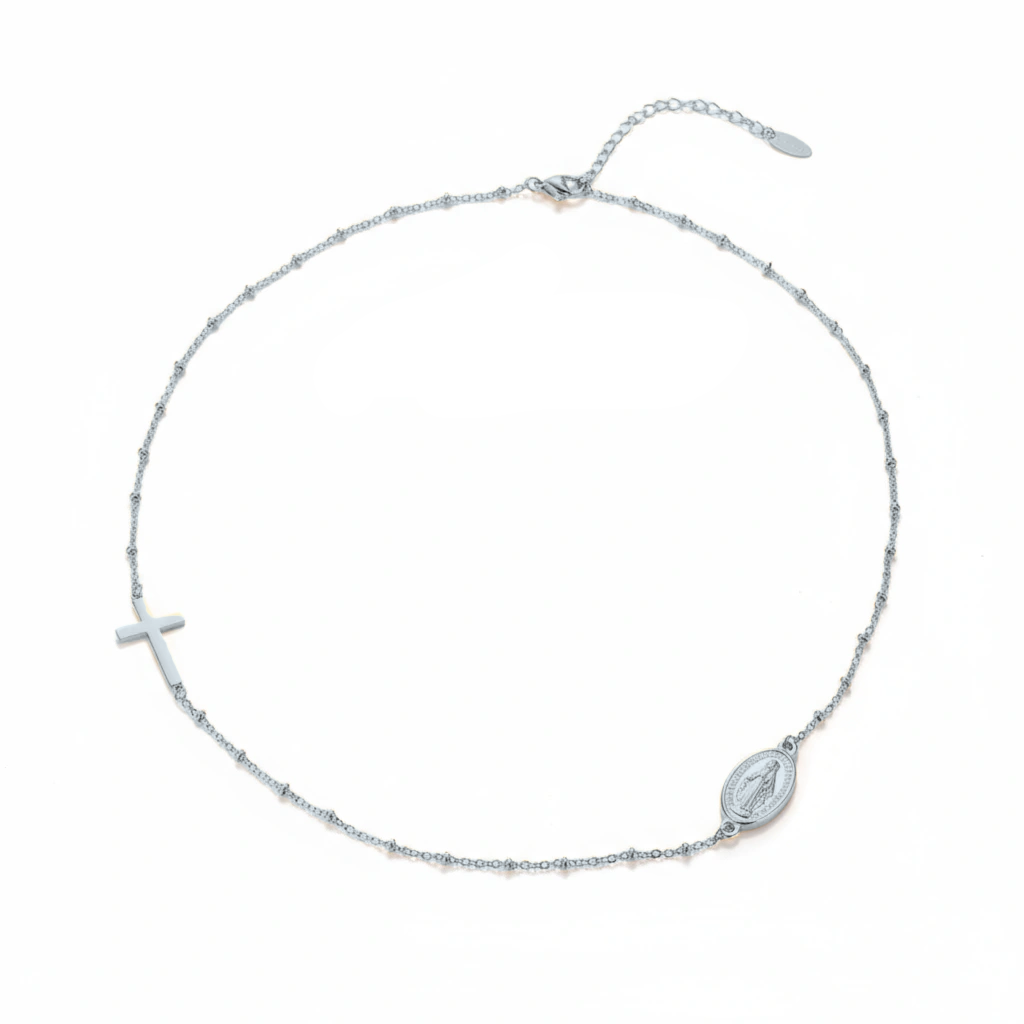 Silver necklace with cross and maria形象 pendant on a white background, brand 'Guided by Cross' visible.