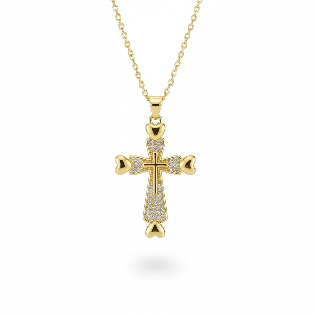 Gold cross pendant necklace on a white background with 'Guided by Cross' branding.