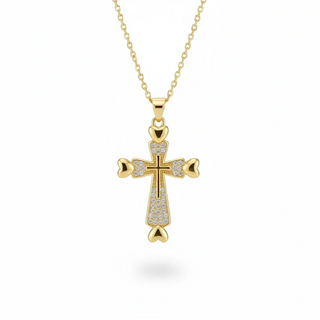 Gold cross pendant necklace on a white background with 'Guided by Cross' branding.