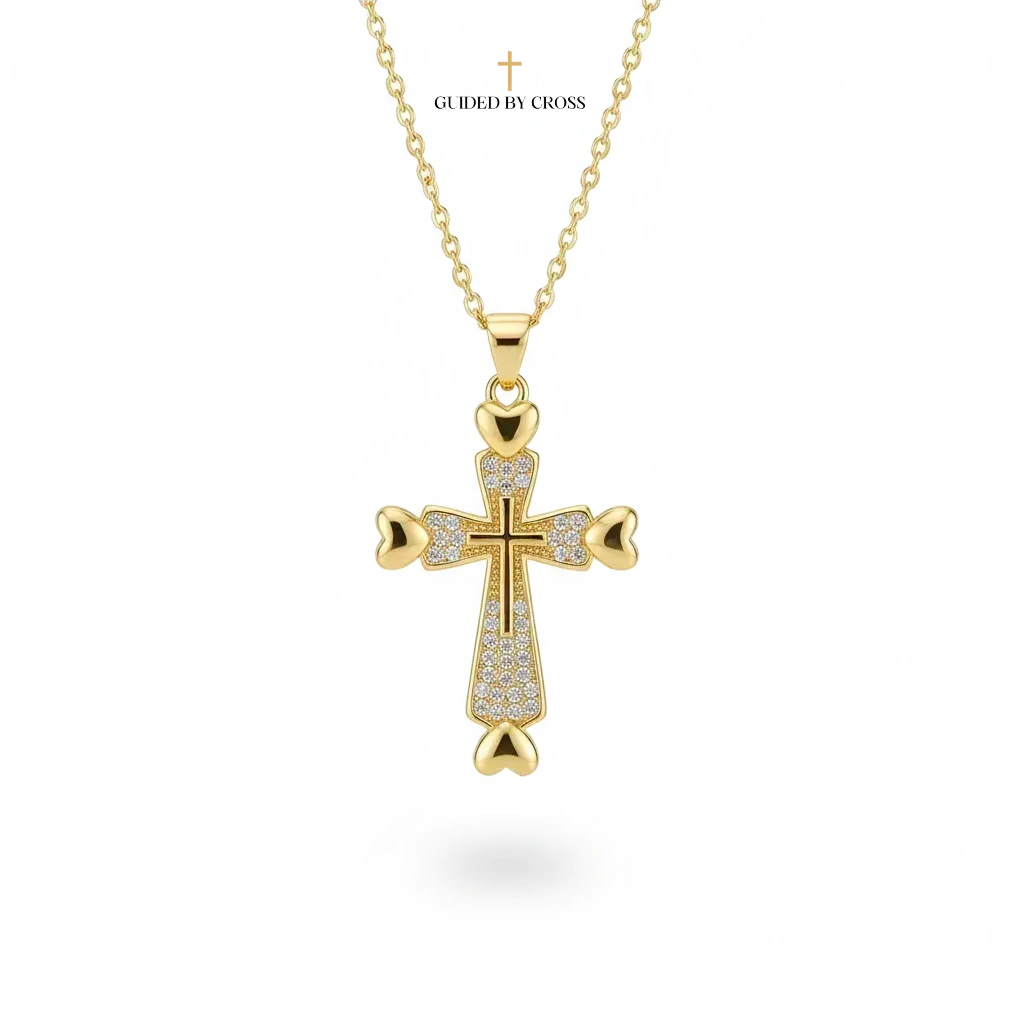 Gold Heart Cross Necklace with Crystals - Cable Chain Christian Jewelry | GUIDED BY CROSS