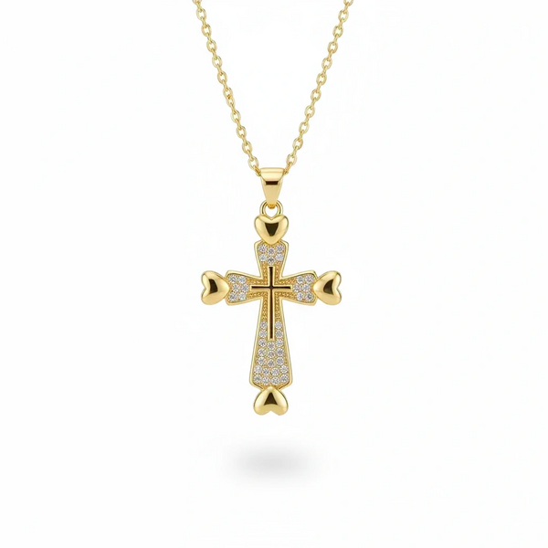 Gold cross pendant necklace on a white background with 'Guided by Cross' branding.