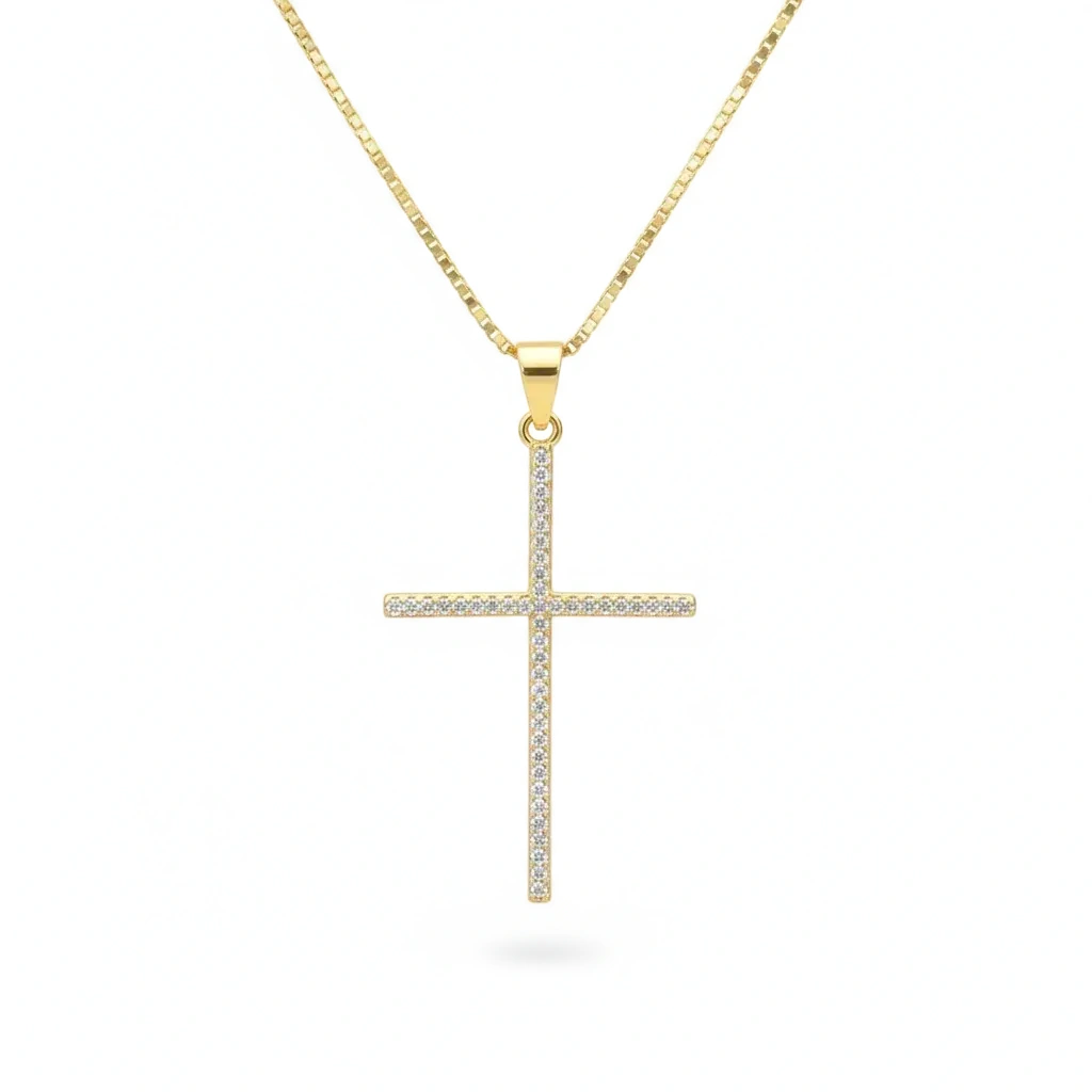 18K Gold Cross Necklace with Zirconia Crystals