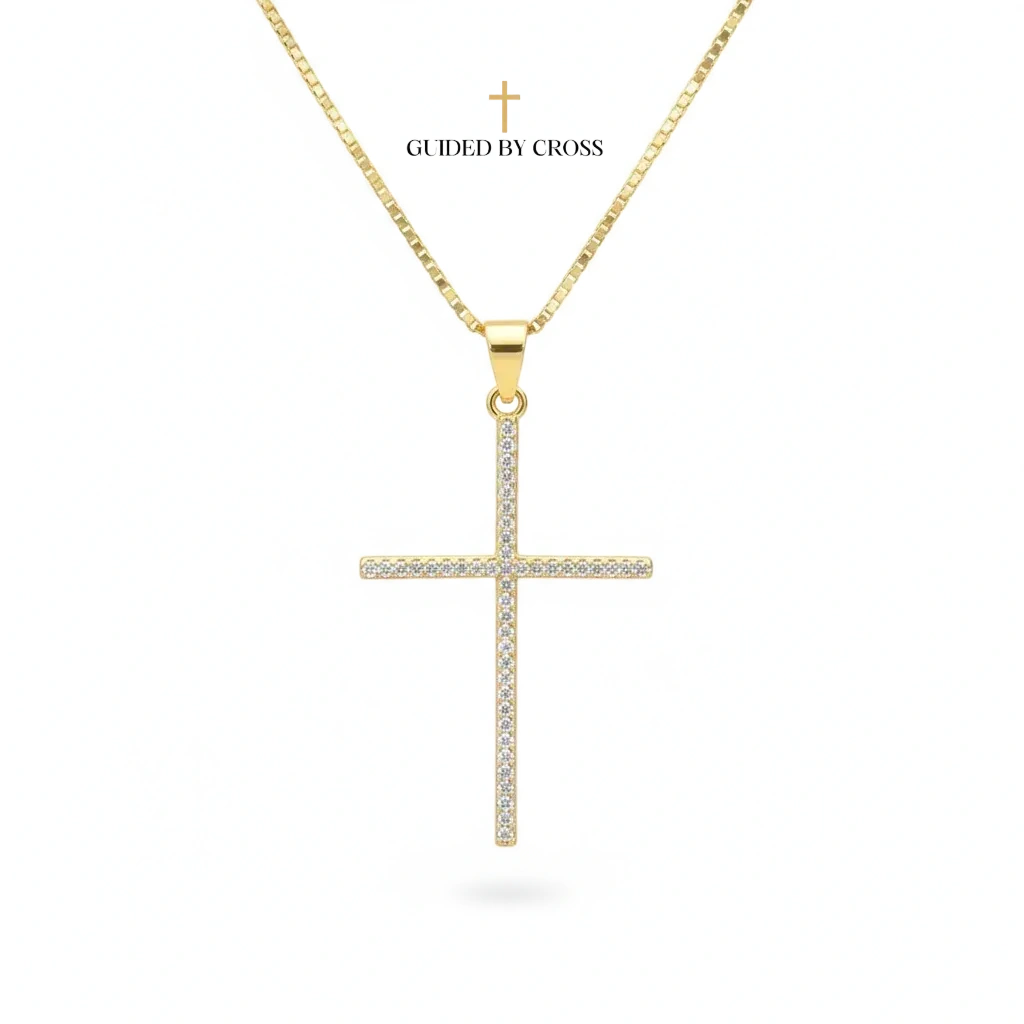 18K Gold Cross Necklace with Zirconia Crystals - Elegant Christian Jewelry | GUIDED BY CROSS