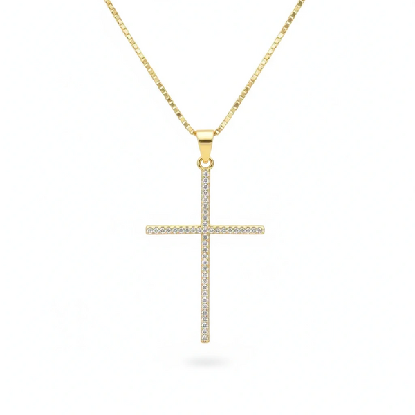 18K Gold Cross Necklace with Zirconia Crystals