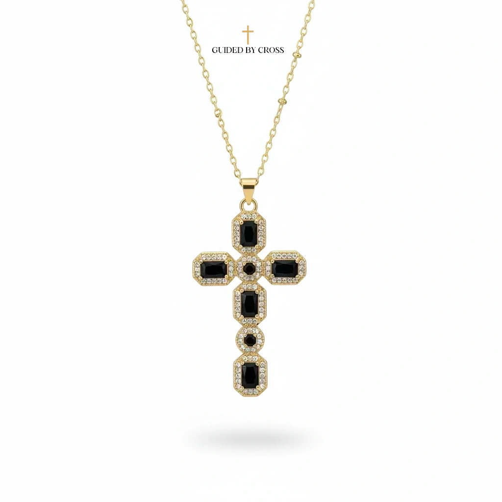 Large Black Crystal Cross Necklace - 18K Gold Plated Halo Design | GUIDED BY CROSS