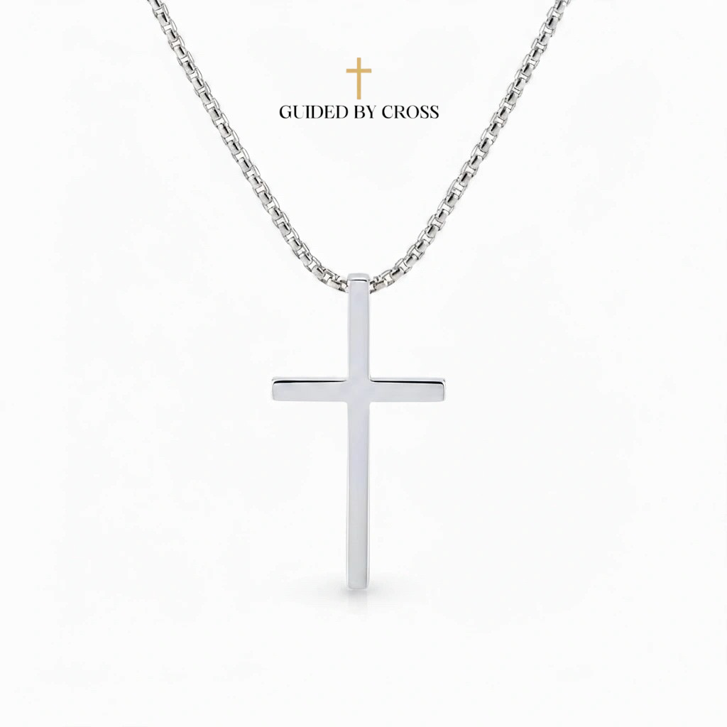 Men's Silver Cross Necklace - Titanium Steel Chain Christian Jewelry | GUIDED BY CROSS