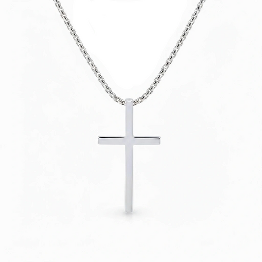 Silver cross necklace on a white background with 'Guided by Cross' branding.