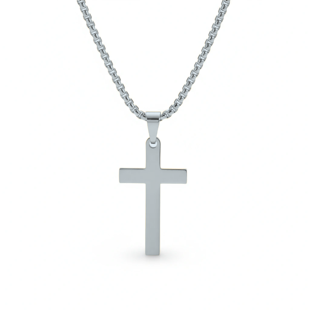 Silver cross pendant necklace on a white background with 'Guided by Cross' branding.
