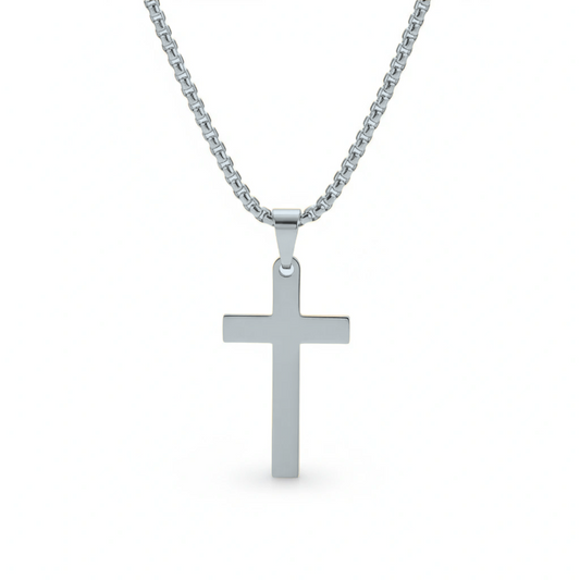 Silver cross pendant necklace on a white background with 'Guided by Cross' branding.