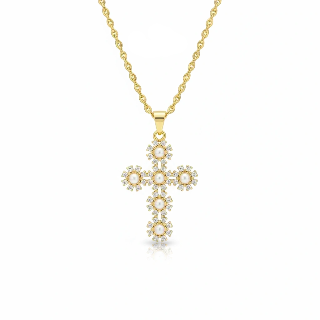 Gold Pearl Flower Cross Necklace