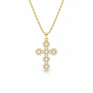 Gold Pearl Flower Cross Necklace
