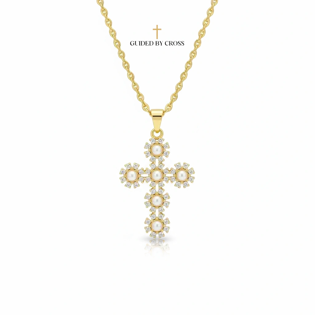 Gold Pearl Flower Cross Necklace - Crystal Daisy Design Rope Chain | GUIDED BY CROSS