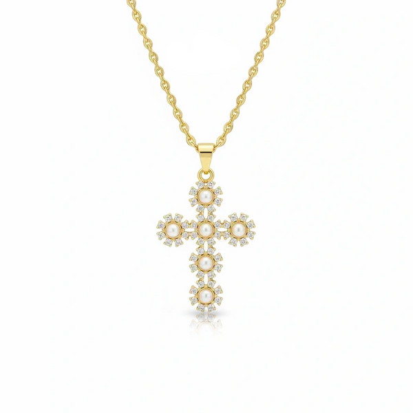 Gold Pearl Flower Cross Necklace