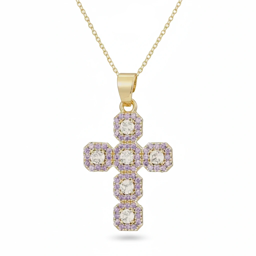 Gold cross pendant with purple accents on a white background, branded 'Guided by Cross'.