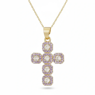Gold cross pendant with purple accents on a white background, branded 'Guided by Cross'.
