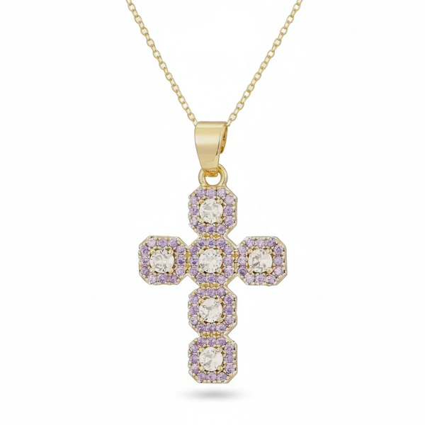 Gold cross pendant with purple accents on a white background, branded 'Guided by Cross'.