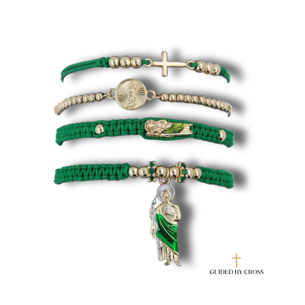Green Saint Medal Bracelet Set - 18K Gold Plated Catholic Jewelry | GUIDED BY CROSS