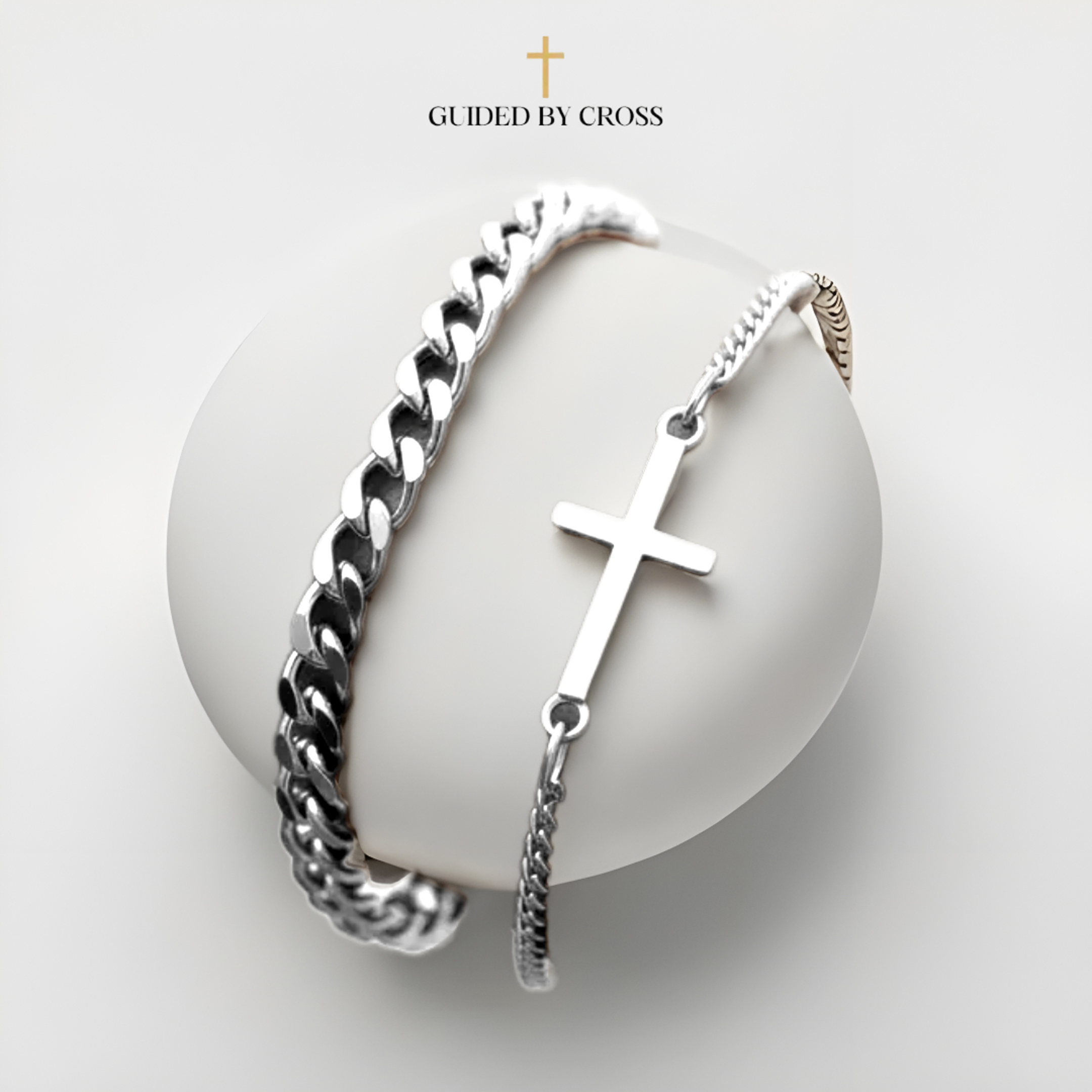 Men's Silver Cross Chain Bracelet Set - Layered Titanium Steel | GUIDED BY CROSS