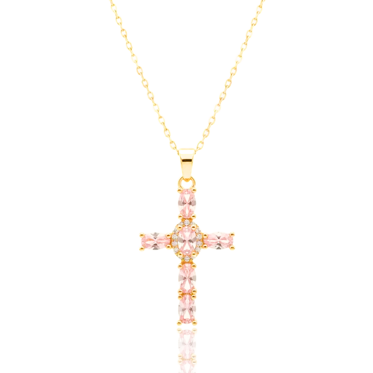 Gold cross necklace with pink gemstones on a white background, featuring 'Guided by Cross' branding.