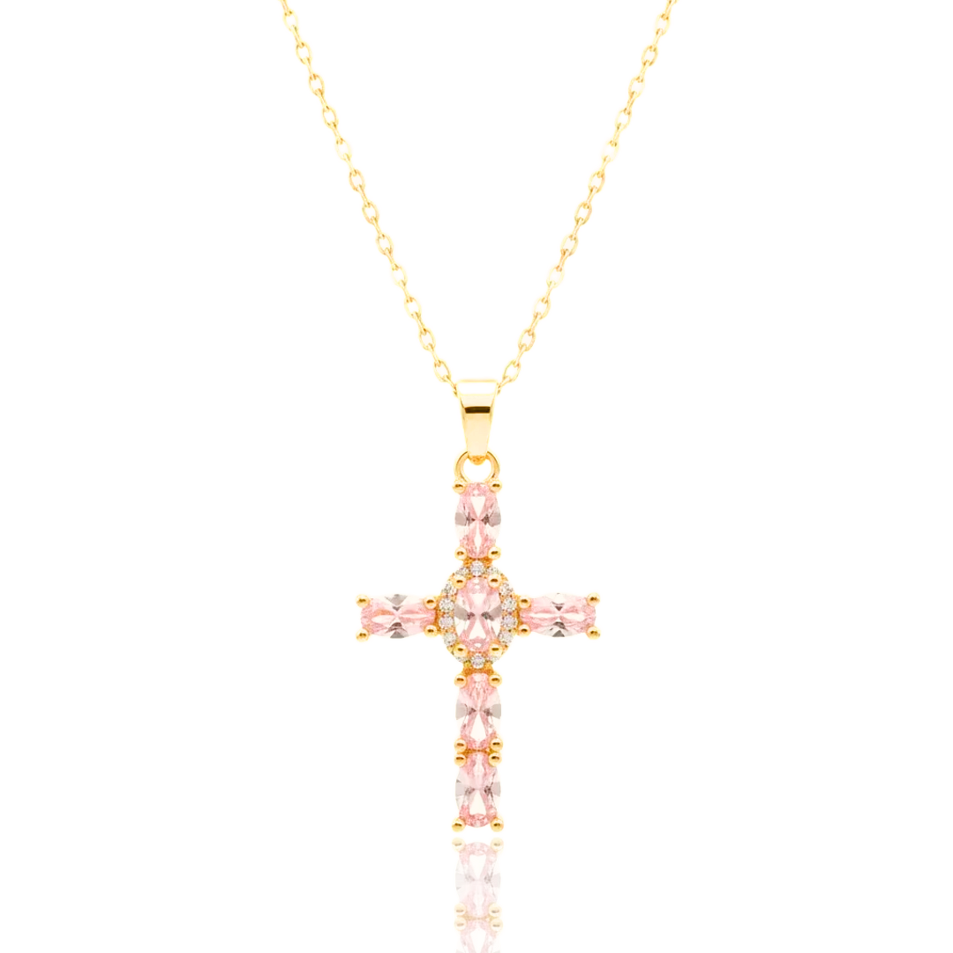 Gold cross necklace with pink gemstones on a white background, featuring 'Guided by Cross' branding.
