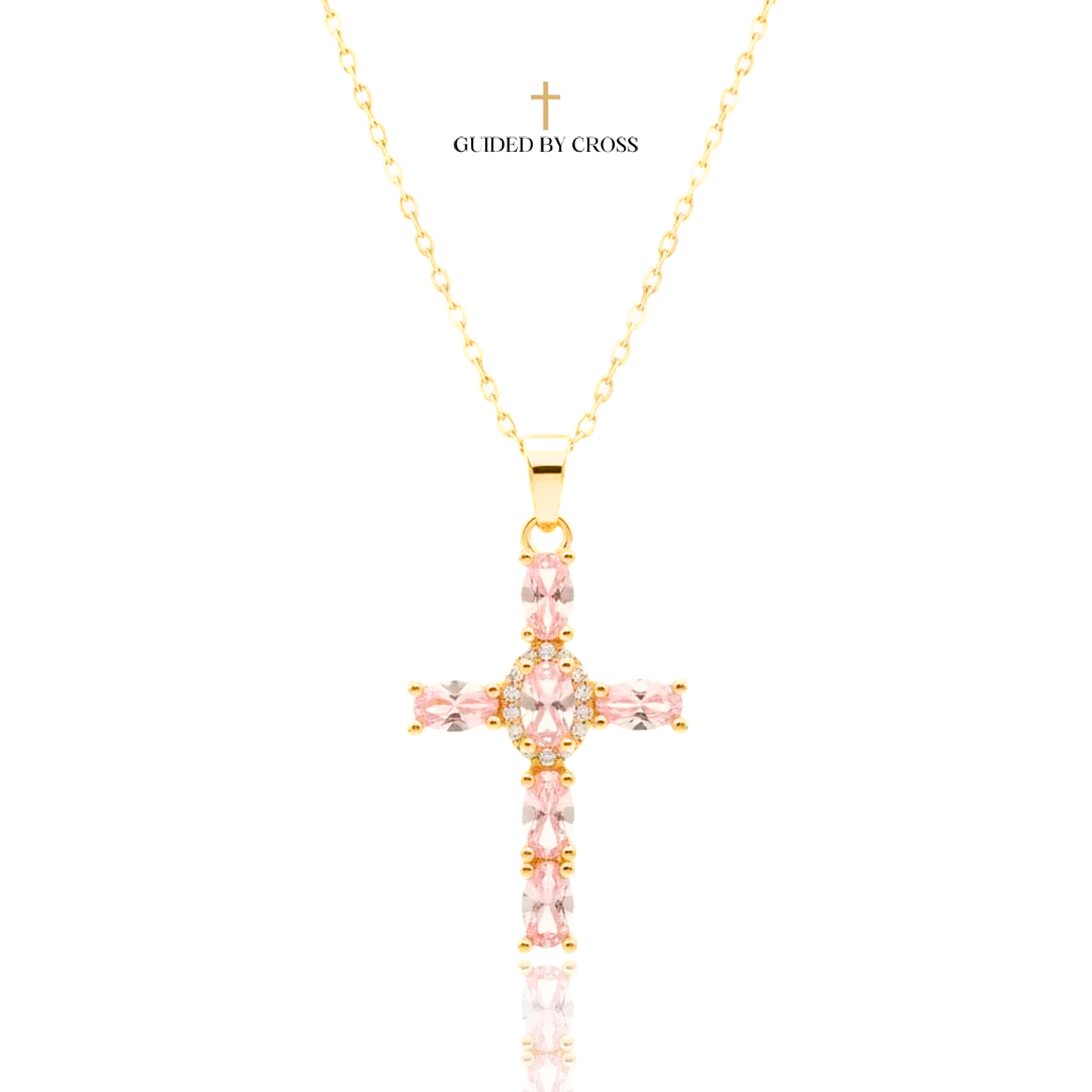 Pink Morganite Cross Necklace - Gold Plated Stainless Steel Jewelry | GUIDED BY CROSS