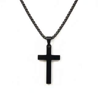 Black cross pendant necklace on a white background with 'Guided by Cross' branding.