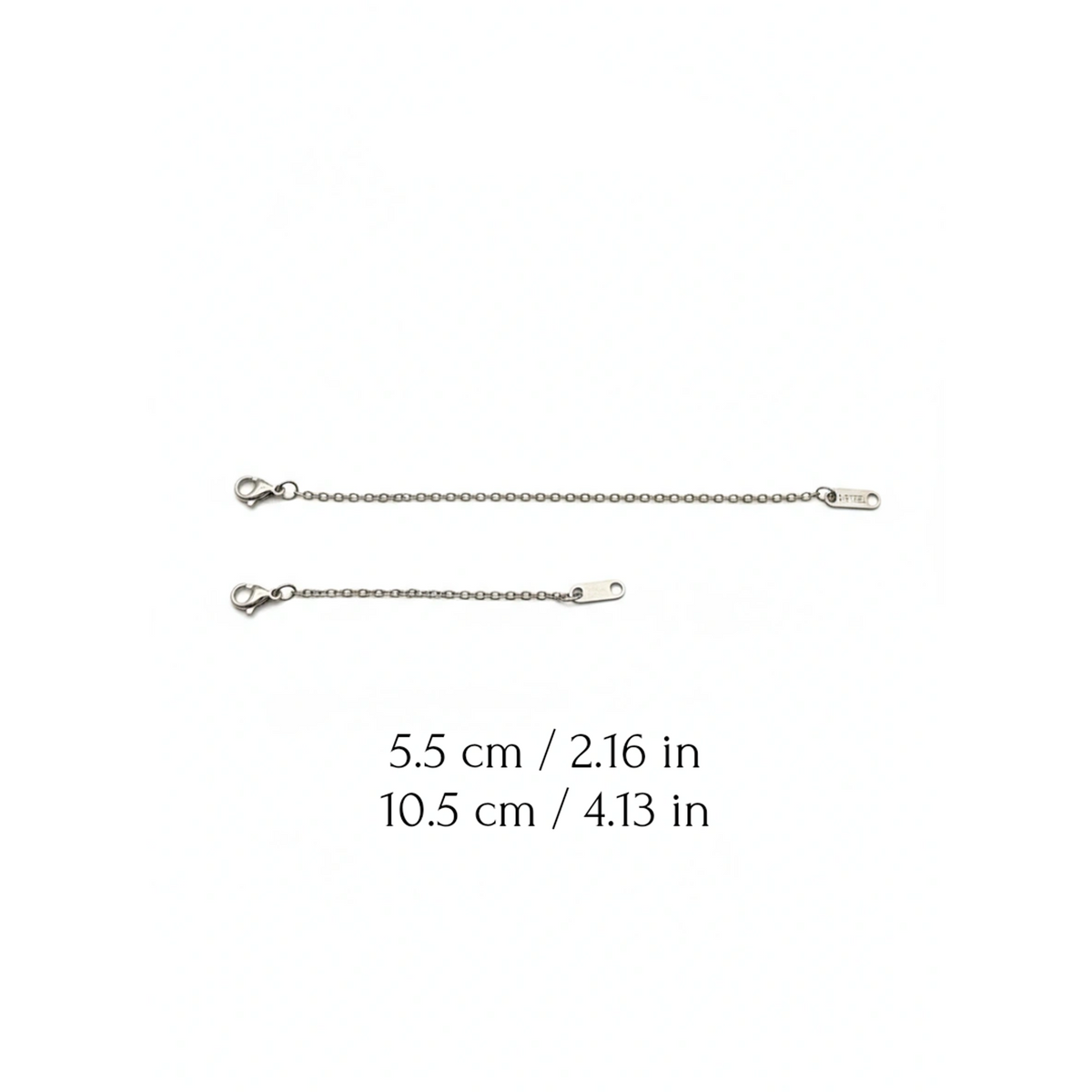 Two silver chain extensions with measurements on a white background, branded 'Guided by Cross'.
