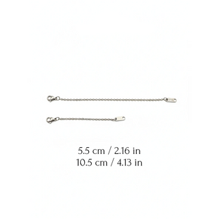 Two silver chain extensions with measurements on a white background, branded 'Guided by Cross'.
